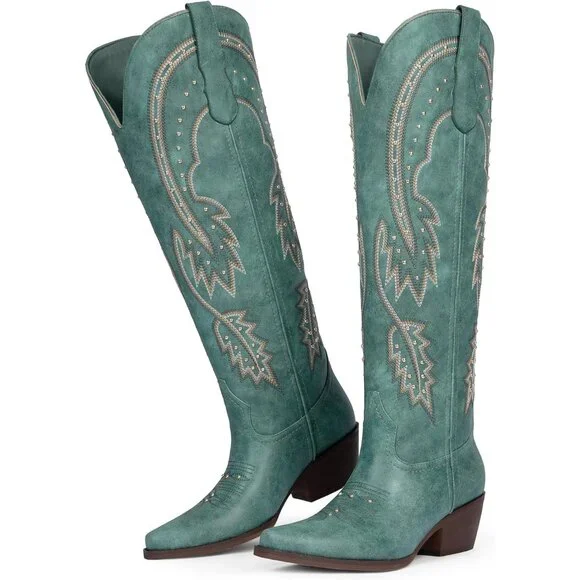 Women's Blue Knee High Rhinestone Cowgirl Boots Pointed Toe Slip on Chunky Heel - Picture 4 of 6